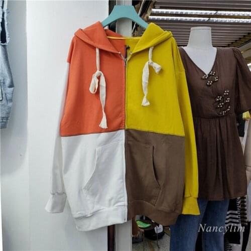 Contrast Color Hooded Sports Hoodie Zipper Coat Female Streetwear Autumn Coat 2021 New Loose Casual Sweatshirt Students