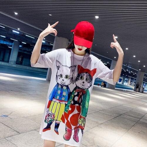 Loose Plus Size Short-Sleeved T-Shirt Womens Mesh Round Neck Cartoon Print Hip-Hop Streetwear Women Oversized T-Shirt