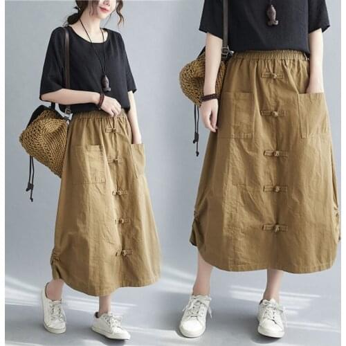 Solid Color Plus Size Skirt For Women 2021 Summer Autumn New Korean Loose Elastic Waist Female Big Pocket Thin Long Skirts aq600