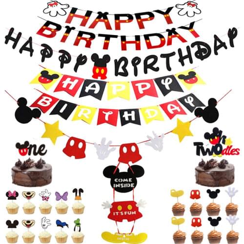 Mickey Mouse Theme Party Supplie Kid Happy Birthday Banner Flags and Welcome Hanger Door Sign for Baby Shower Party Decor