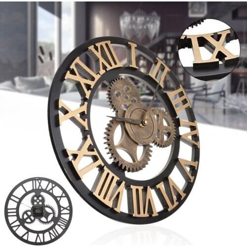 European Style Vintage Gear Clock Metallic Texture Quartz Clock Industrial Gear Wall Clock Wooden Retro Gears Decorative Home