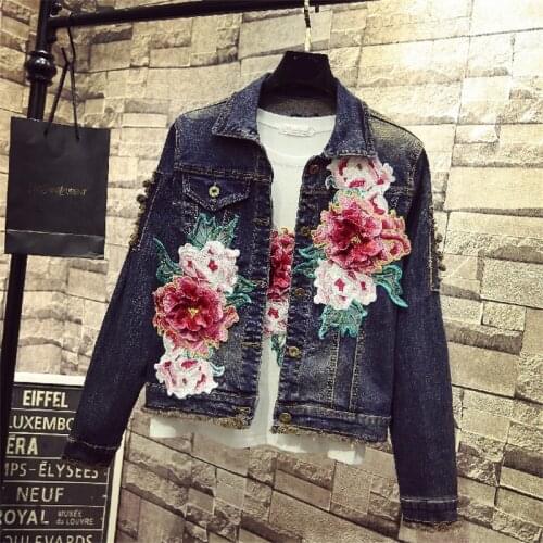 Embroidery Rose Floral Mouse Beading Pearl Sequin Patch Epaulet Ripped Hole Bomber Denim Jacket Embroidered Jean Coats Plus Size