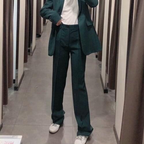 Woman Pants Green Straight Leg Baggy Pants Women High Waist Fashion Office Wear Women Pant Suits Front Button Trousers