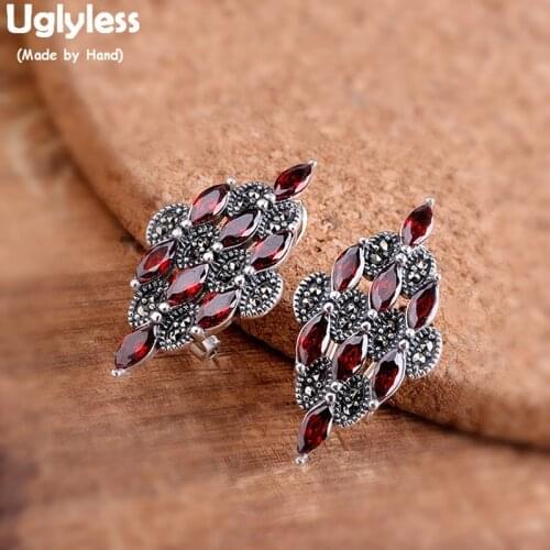 Uglyless Geometric Simple Rhombus Earrings for Women Garnet Square Studs Earrings Thai Silver Marcasite Brincos 925 Silver E1661