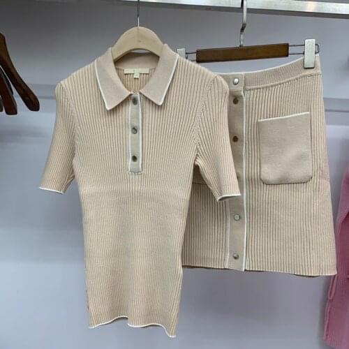 Womens two-piece suit office ladies slim brown knitted lapel short-sleeved blouse with mini skirt elegant office clothes