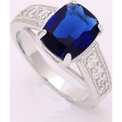 Female blue square Ring Fashion White Gold Filled Jewelry Vintage Wedding Rings For Women Birthday Stone Gifts