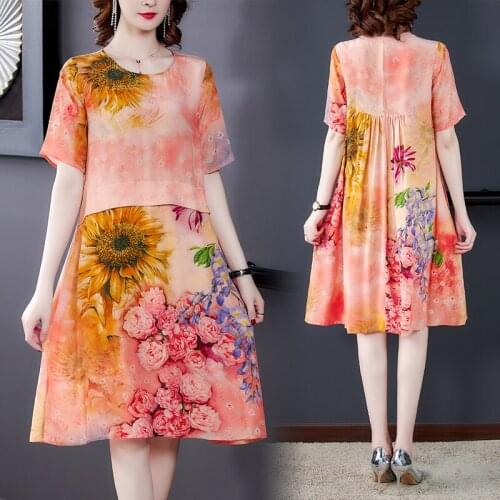 2021 Vintage Casual 4XL Plus Size Midi Dress Spring Summer Pink Floral Mulberry Silk Dress Women Elegant Bodycon Party Vestidos