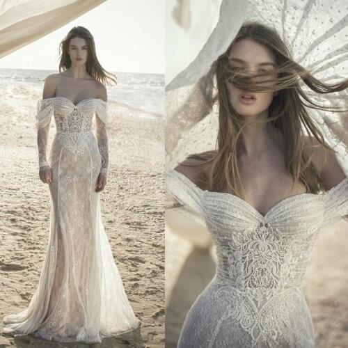 2021 Wedding Dresses Off Shoulder Long Sleeves Lace Appliques Mermaid Bridal Gowns Custom Made Sweep Train Beach Wedding Dress