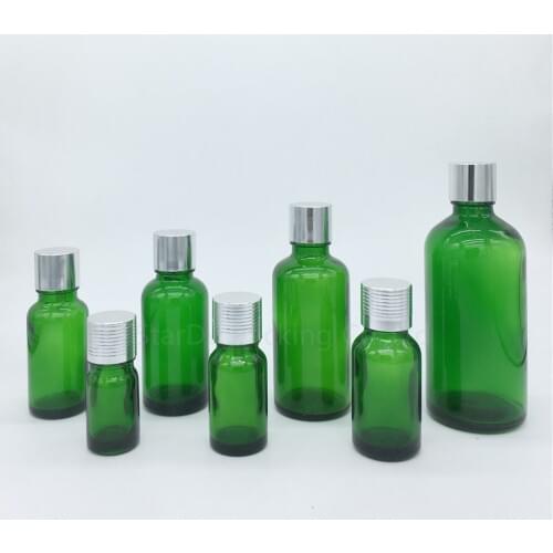 480PCS 5ml/10ml/15ml/20ml/30ML/50ml/100ml Green Glass Bottle Vials Essential Oil Bottle with silvery screw cap Perfume bottles