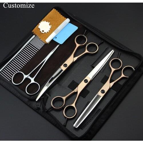Customize 5 kit Japan 7 inch gold Pet dog grooming hair scissors dog thinning shears pet cutting barber hairdressing scissors