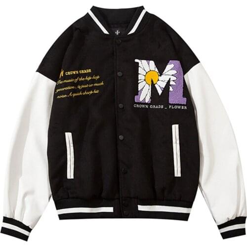 Hip Hop Patchwork Baseball Jackets Mens Letter Embroidery Daisy Flowers Patch Leather Bomber Jackets Men Spring Oversized Coats