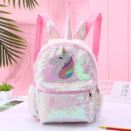 Pink Shiny Girls Backpack Sequin Unicorn Design Satchel Adorable Bookbag Fashion Cute Travel School Bag for Student Girls