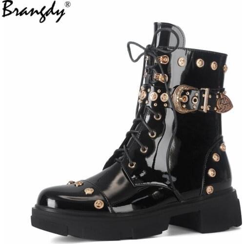 Brangdy Fashion Rivet Women Martin Boots Metal Buckle Punk Patent Leather Womens Goth Shoes Ankle Classical Lace Zip Size 34-39