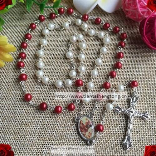 6mm glass Imitation pearl bead rosario,pearl rosary with stering silver chain red and pearl color, jesus family rosary center