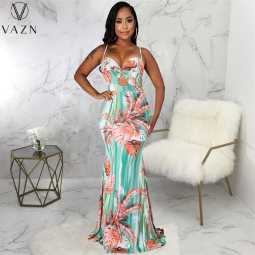 VAZN 2021 INS High-end Tie Dye Print Floor-length Evening Women Elegant Spaghetti Strap Night Shinny Dress For Mermaid Robe