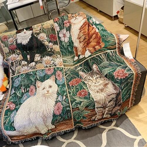 Cotton Cat Blankets Tapestry Sofa Deorative Cover Animal Carpet Bedroom Living Room Fabric Cute Cat Blankets Knitted Crafts
