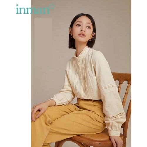 INMAN Autumn Spring Womens Blouse Retro Elegant Accordion Pleat Hollow Jacquard Small Stand Collar Cotton Females Top