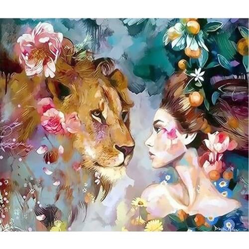 Lions and Woman Diamond Painting Portrait Animal Round Full Drill Nouveaute DIY Mosaic Embroidery 5D Cross Stitch Home Decor