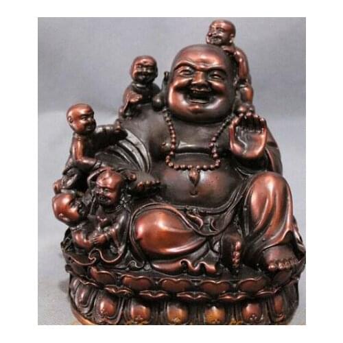 Chinese Pure Bronze Buddhism 5 Kid Child Happy Laughing Maitreya Buddha Statue