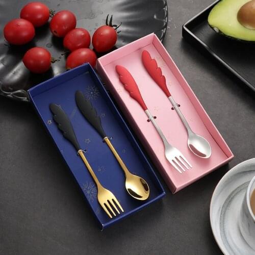 2PCS Angel wing spoon and fork 304 stainless steel Coffee spoon Teaspoon Birthday Gift Creative Tableware Flatware