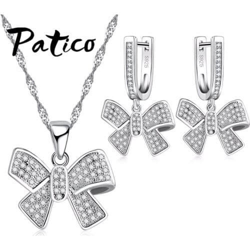 Fashion Clear Austrian Crystal 925 Sterling Silver Jewelry Sets Bow Tie Pendant Necklace Dangle Earrings For Wedding Sets