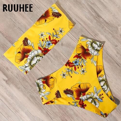 RUUHEE 2021 Swimwear Women Bandeau Sexy Push Up Bikini High Waist Bikini Flower Printed Bathing Suits Swimsuit Women Swimwear