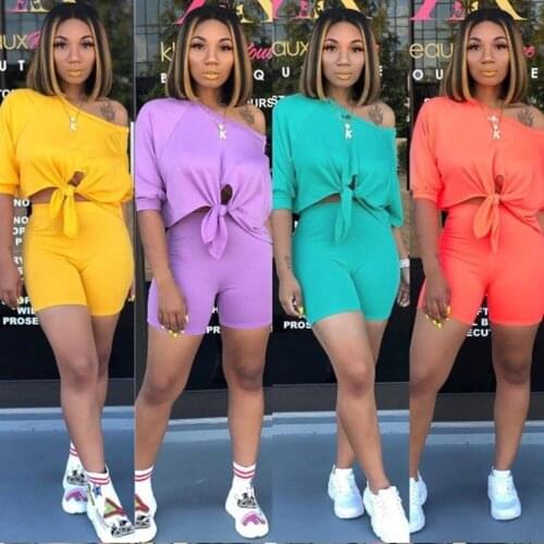 Summer Women Strapless Sleeves Navel Tracksuit 2 Pieces Suit Female Solid Color Bow Spliced Short Sleeve Tops Skinny Shorts Set