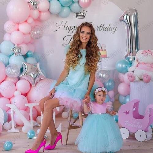 2020 Tiered Pleated Mommy & Me Tulle Dress Women Kids With Feather Tulle Skirt Dresses For Birthday Party Mother & Daughter