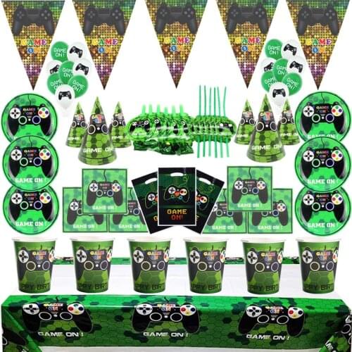 Game On Disposable Tableware Sets Paper Cup Plate Napkin Balloons Birthday Party Decoration Kids Boy Video Game Party Supplies