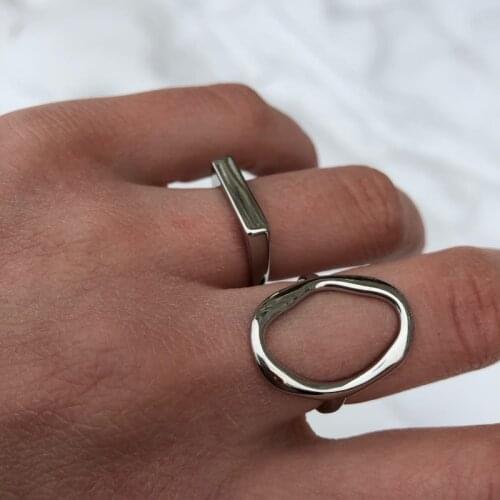 Couple Rings Women and Men Korean Ring Fashion Simple Jewellery Smooth Square Silver Color Big Finger Geometry Rings Adjustable