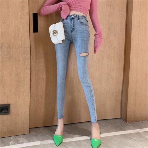 Real shot 2020 new fashion retro wild high waist was thin elastic hole jeans casual washed nine points pencil pants