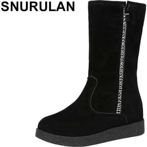 SNURULAN Women winter black snow Boots Thickened zapatos de mujer Martin Boots a rode Flat Low Zipper Middle Tube BootsE345