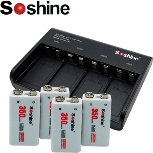 Soshine 9V Li-ion Ni-MH LiFePO4 Rechargeable Battery Charger with 4pcs Soshine 9V rechargeable battery Ni-MH 350mah