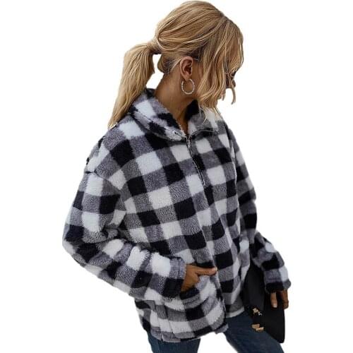 Womens Long Sleeve 1/4 Zip Up Lapel Sweatshirt Warm Plaid Hoodie Womens Long Sleeve 1/4 Zip Lapel Sweatshirt Warm Check Fluffy