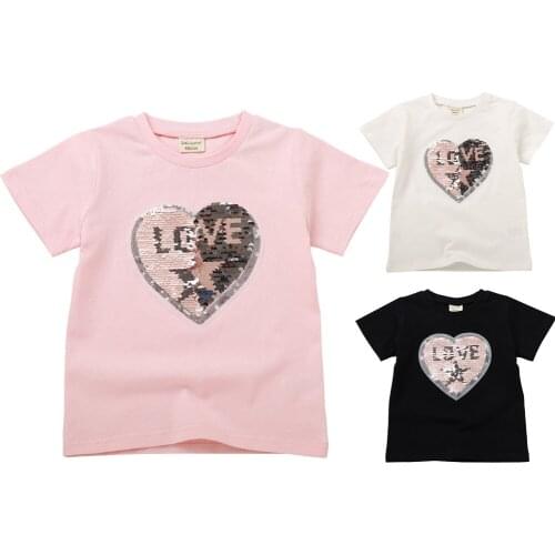 Love Heart Magic Discoloration Sequins Children T-shirt Boy Girls Short Sleeve Sequin Reversible T shirt Baby Cotton Tops