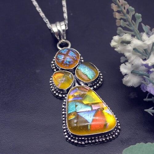 Hermosa Glorious Gems Yellow Antique Dichroic Glass Pendant Necklace Pendant 2 7/8 Inch A141