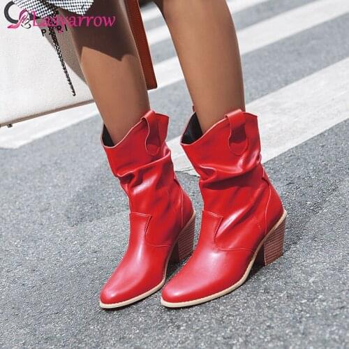 Lasyarrow 2020 plus size 34-43 classic fashion western shoes high heels round toe shoes woman solid color winter ankle boots