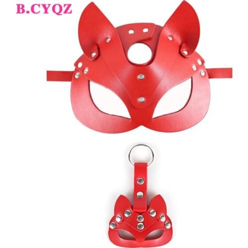 B.CYQZ Fox Masks for Women PU Leather Cat Ear Japan Anime Cosplay Masquerade Prop Halloween Bar Gothic Accessories Mask Keychain