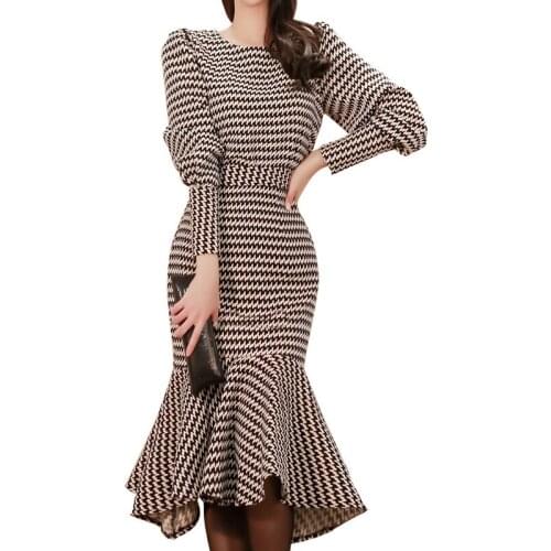 Women two piece outfits womens new fashion ladies temperament Slim houndstooth shirt + bag hip fishtail skirt two-piece