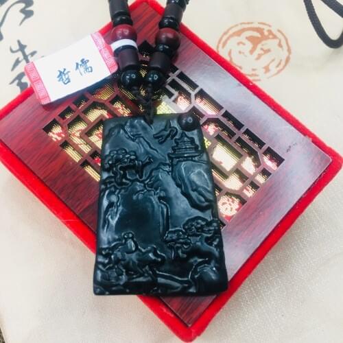 Zheru natural and Tian Moyu carved black beautiful landscape pendant with sandalwood beads necklace sweater chain