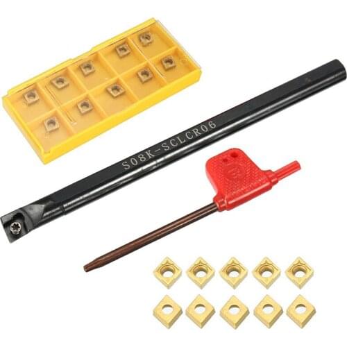 S08K-SCLCR06 Lathe Turning Tool Holder Boring Bar +10pcs CCMT060204-HM Blades Inserts + 1pc T8 Wrench For Machine Tool