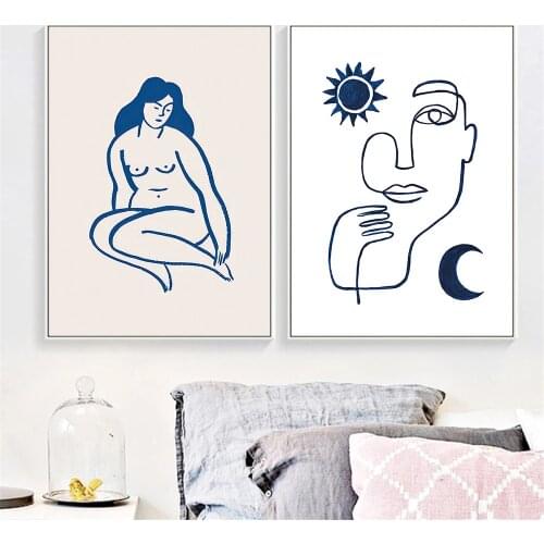 Abstract Nude Woman Body Art Painting Line Drawing Face Canvas Poster Print Sun Moon Bohemia Wall Art Pictures Living Room Decor