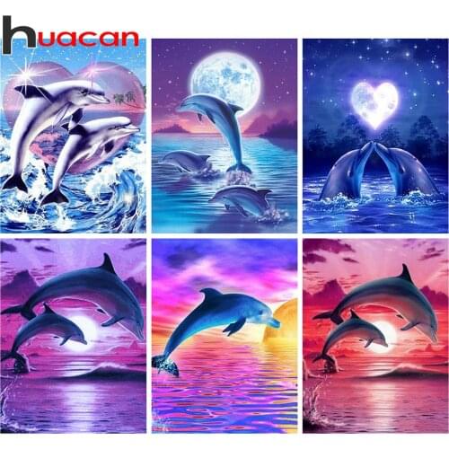 Huacan 5d Diamond Painting Dolphin Set Full Square Drill Diamond Embroidery Mosaic Cross Stitch Animal Home Decor