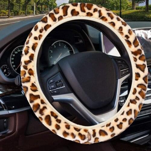 Elastic Plush Car Steering Wheel Cover Leopard Print Steering Wheel Case Universal Fit for 37-38cm Auto Interior Decor Accessory