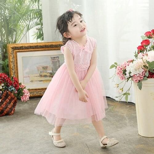 New Arrival Pink Lace Child Little Girls Dress Bow Pearl Flower Thin Lace Tutu Dress For Baby Kids Party Clothing Dress