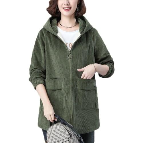 Corduroy Jacket Autumn Winter Women New Plus Size Loose Hooded Jackets Female Casual Plus Velvet Warm Windbreaker Outwear R745