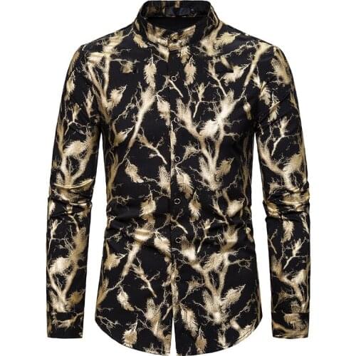 Mens Prom Shiny Gold Feather Print Slim Fit Long Sleeve Button Down Dress Shirts Disco Party Nightclub Prom Shirt Men Chemise