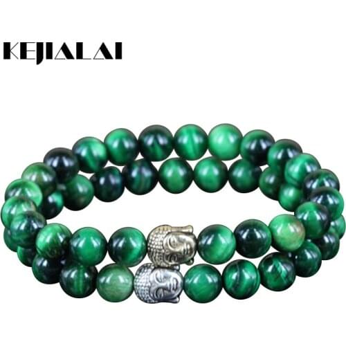 KEJIALAI 2pcs High Quality Natural Green Tiger Eye Stone Round Beads Charm Women Bracelet Buddha Head Men Stretch Bracelet A0552