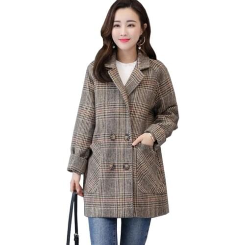 2020 Plaid suit women woolen coat autumn winter fashion double breasted blazer casual top female plus cotton warm outerwear 3332