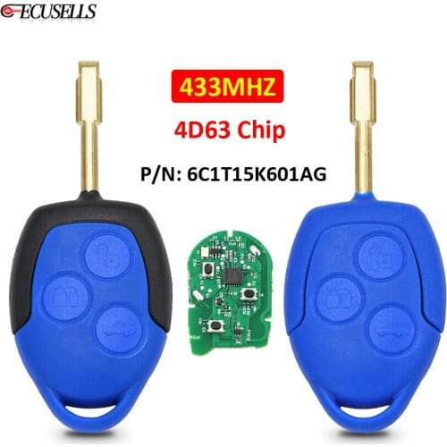 3 Button Remote Smart Car Key 433MHz 4D63 Chip FO21 Uncut Blade P/N: 6C1T15K601AG for Ford Transit WM VM 2006 - 2014 Blue/Black